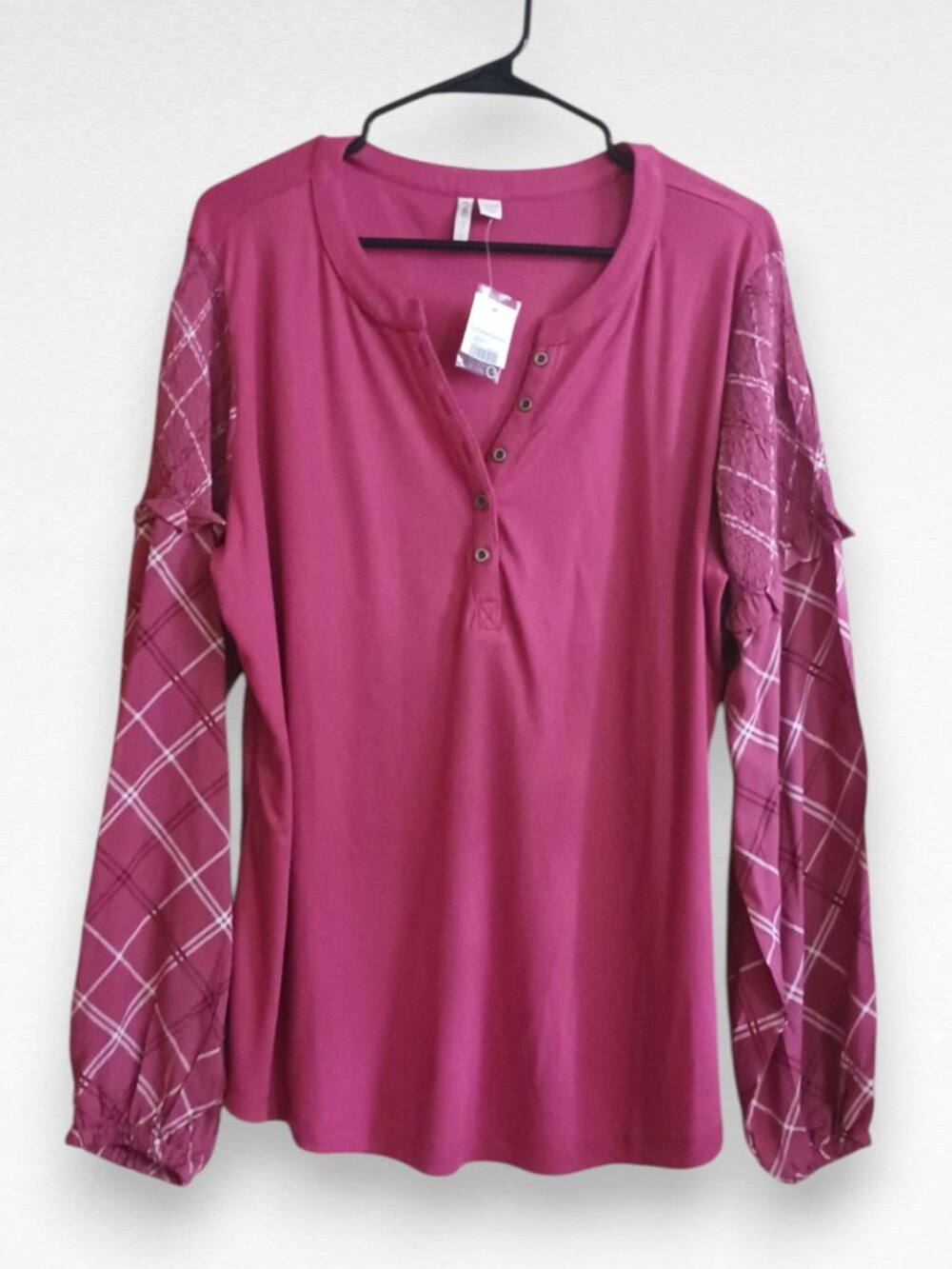 NWT Pink Plaid Henley Top